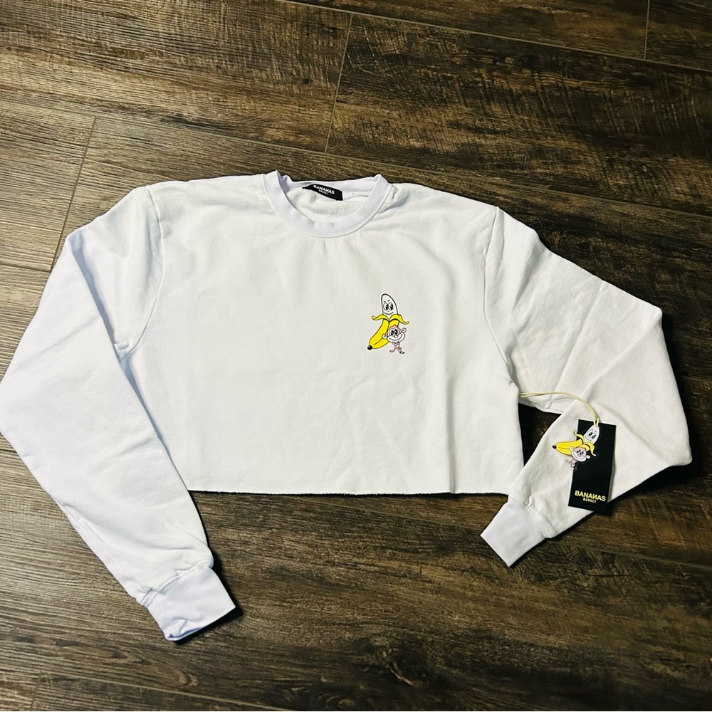 Bananas Monkey women’s white hoodie cropped crew sweater long sleeve‎ size S/M